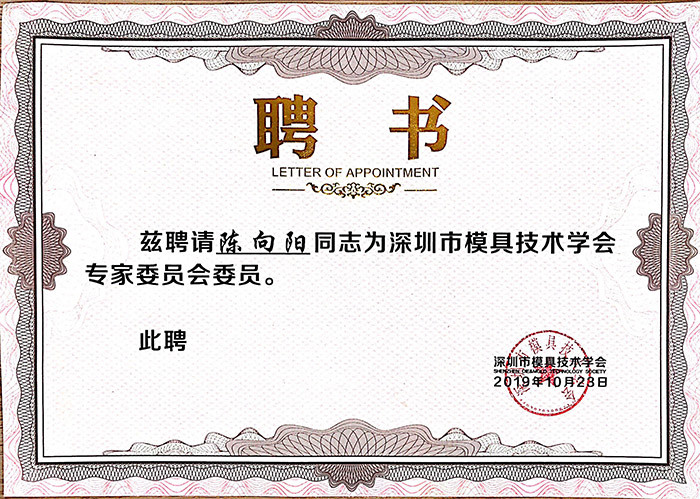 深圳市明博技术学会专家委员会证书-陈向阳